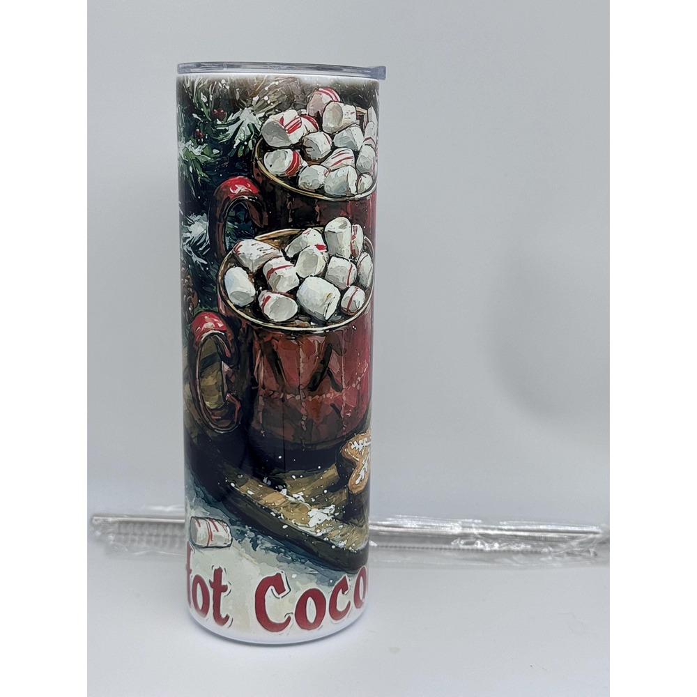 Hot Cocoa Christmas Tumbler 20oz‎ Skinny Travel Mug with Straw Holiday Gift NEW